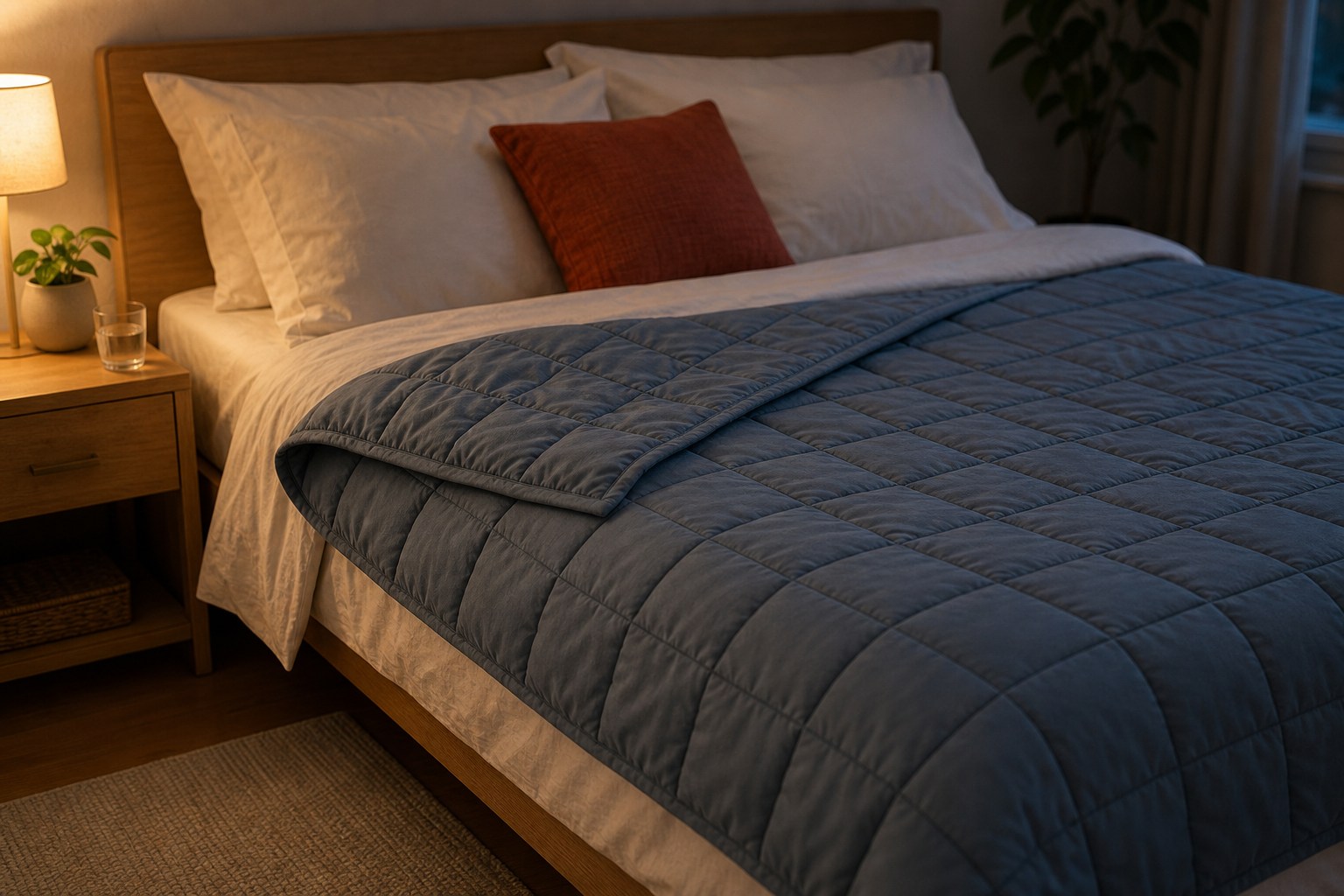 Gewichtsdecke auf einem ruhigen Bett mit weicher Abendbeleuchtung