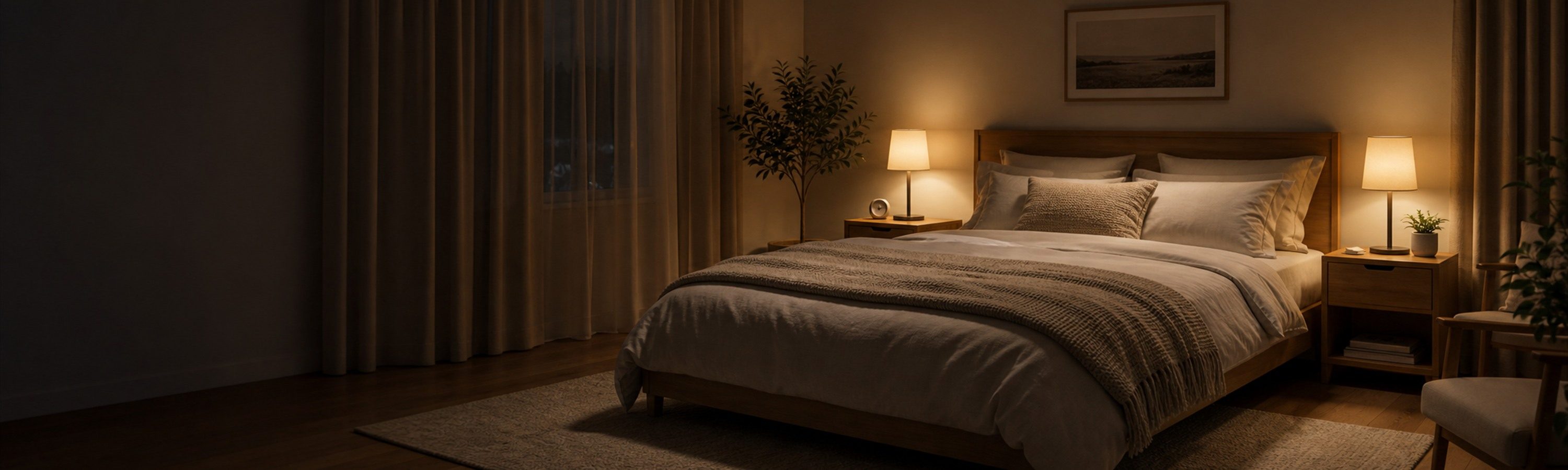 Ruhiges Schlafzimmer mit gedimmtem warmem Licht