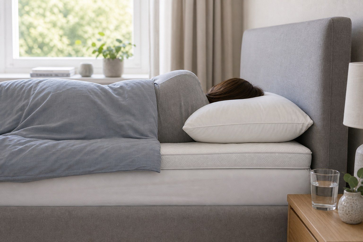 Seitenschläfer-Kissen und Matratzenauflage in einem ruhigen Schlafzimmer