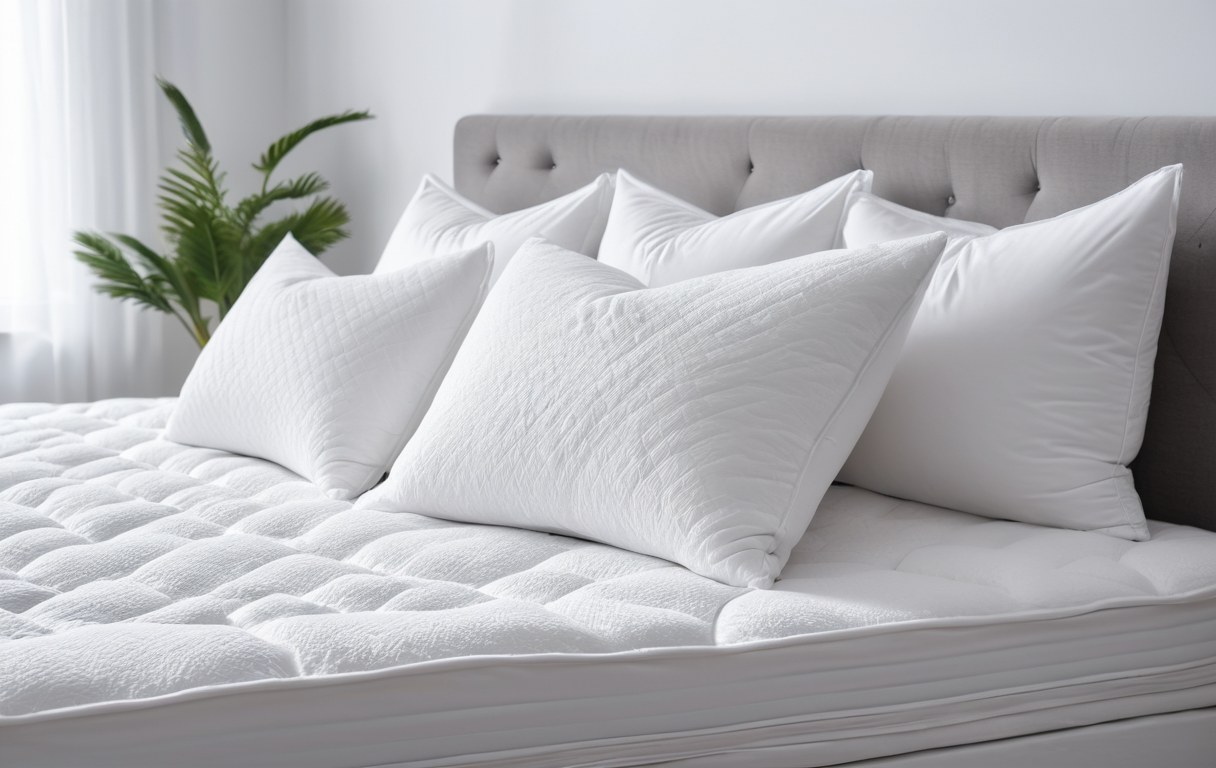 Flauschige Kissen und Matratzentopper auf einem gemachten Bett