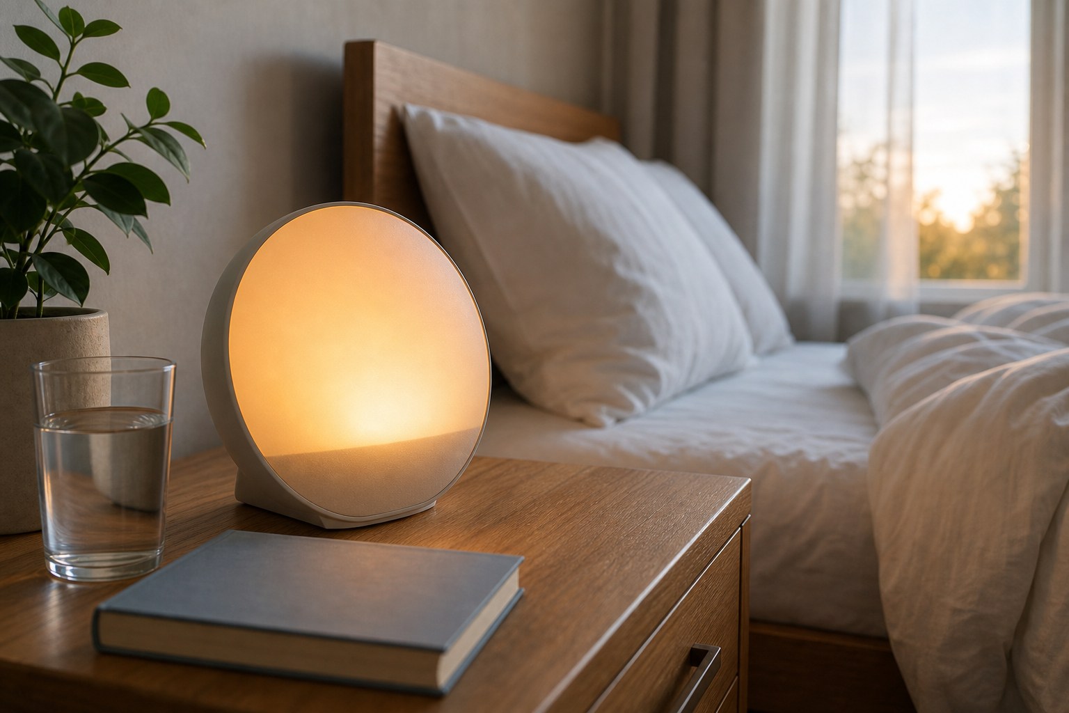 Lichtwecker mit Sonnenaufgangslicht auf einem Nachttisch