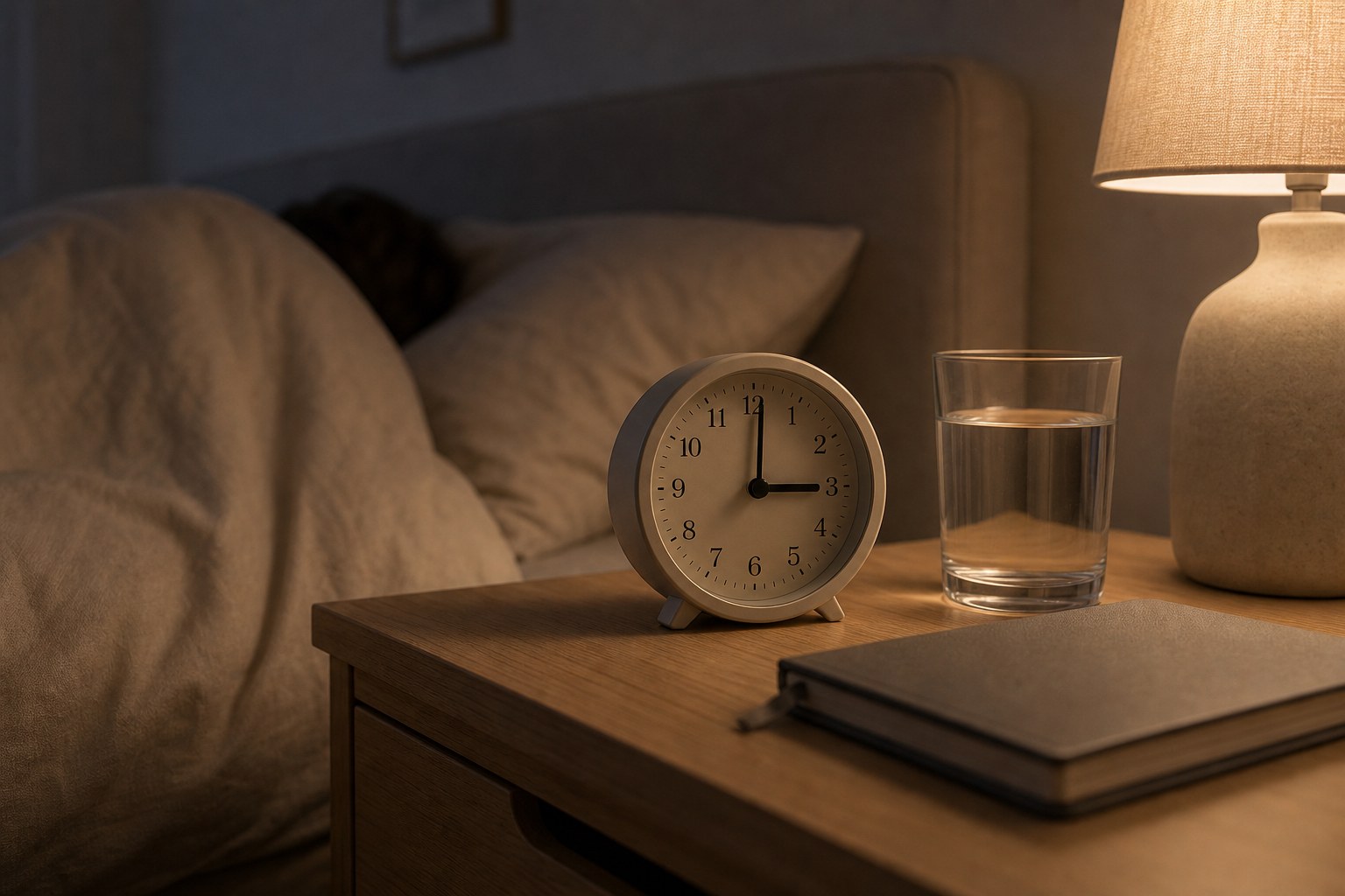 Nachttisch mit analoger Uhr gegen drei Uhr, Wasser und Notizbuch