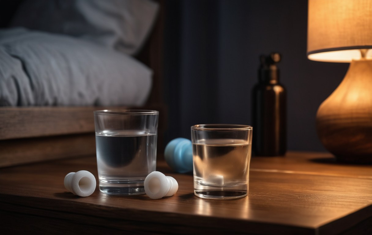 Ohrstöpsel und ein Glas Wasser auf einem Nachttisch