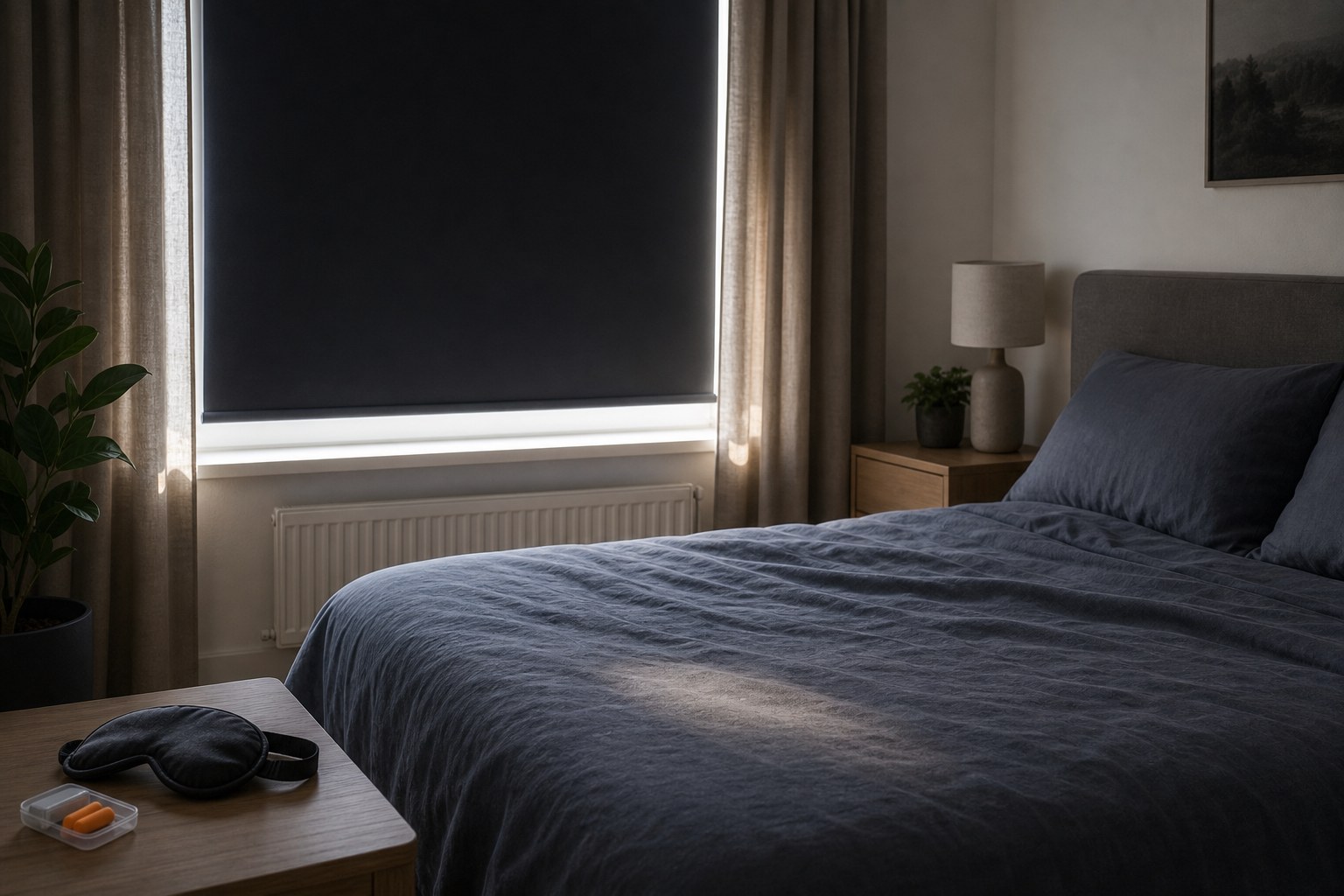 Abgedunkeltes Schlafzimmer am Tag mit Schlafmaske und Ohrstöpseln