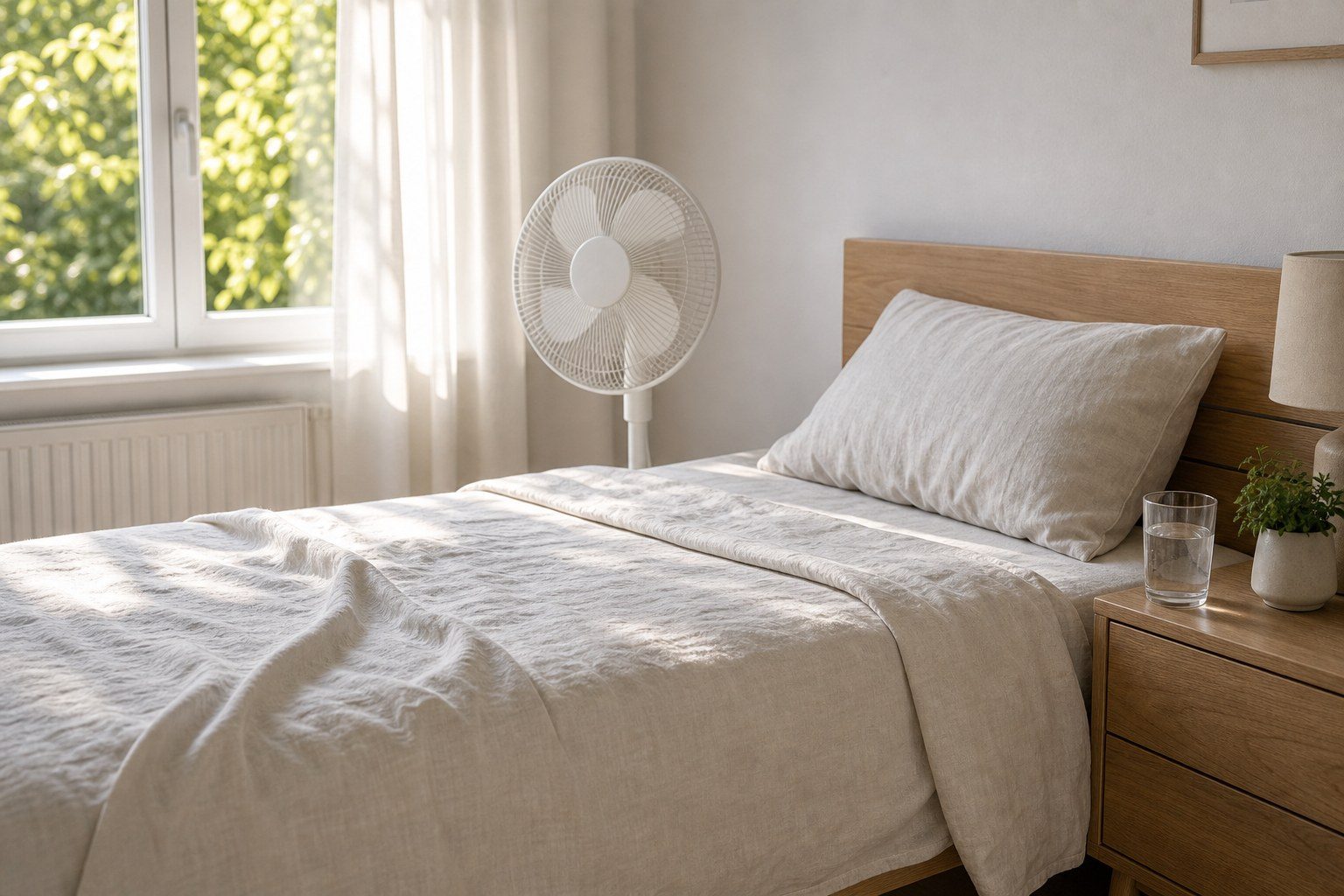 Sommerliches Schlafzimmer mit leichtem Bettzeug und Ventilator