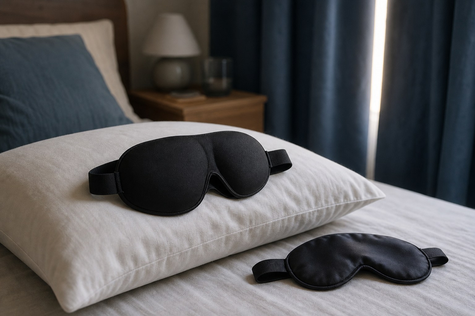 3D-Schlafmaske auf einem Bett in einem abgedunkelten Schlafzimmer