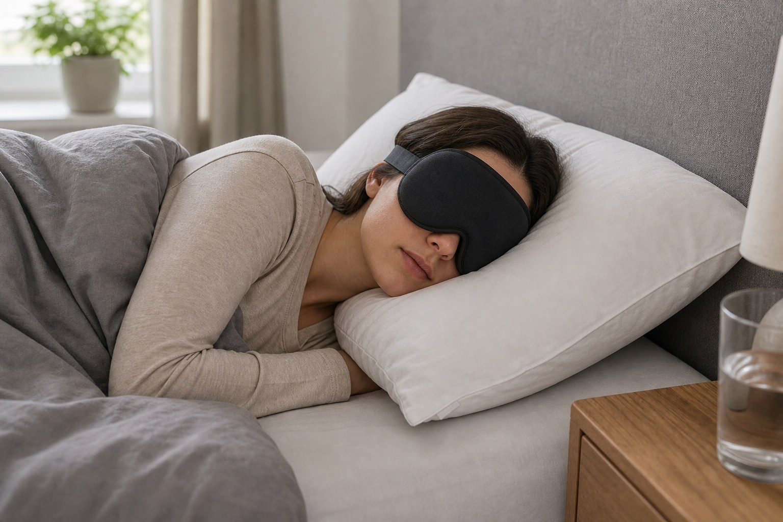 Seitenschläfer mit konturierter Schlafmaske auf einem Kissen