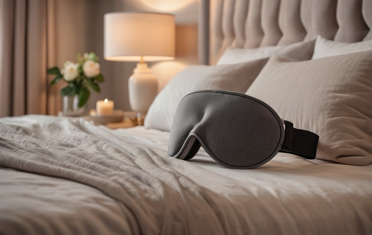Schlafmaske auf einem Bett in einem abgedunkelten Schlafzimmer