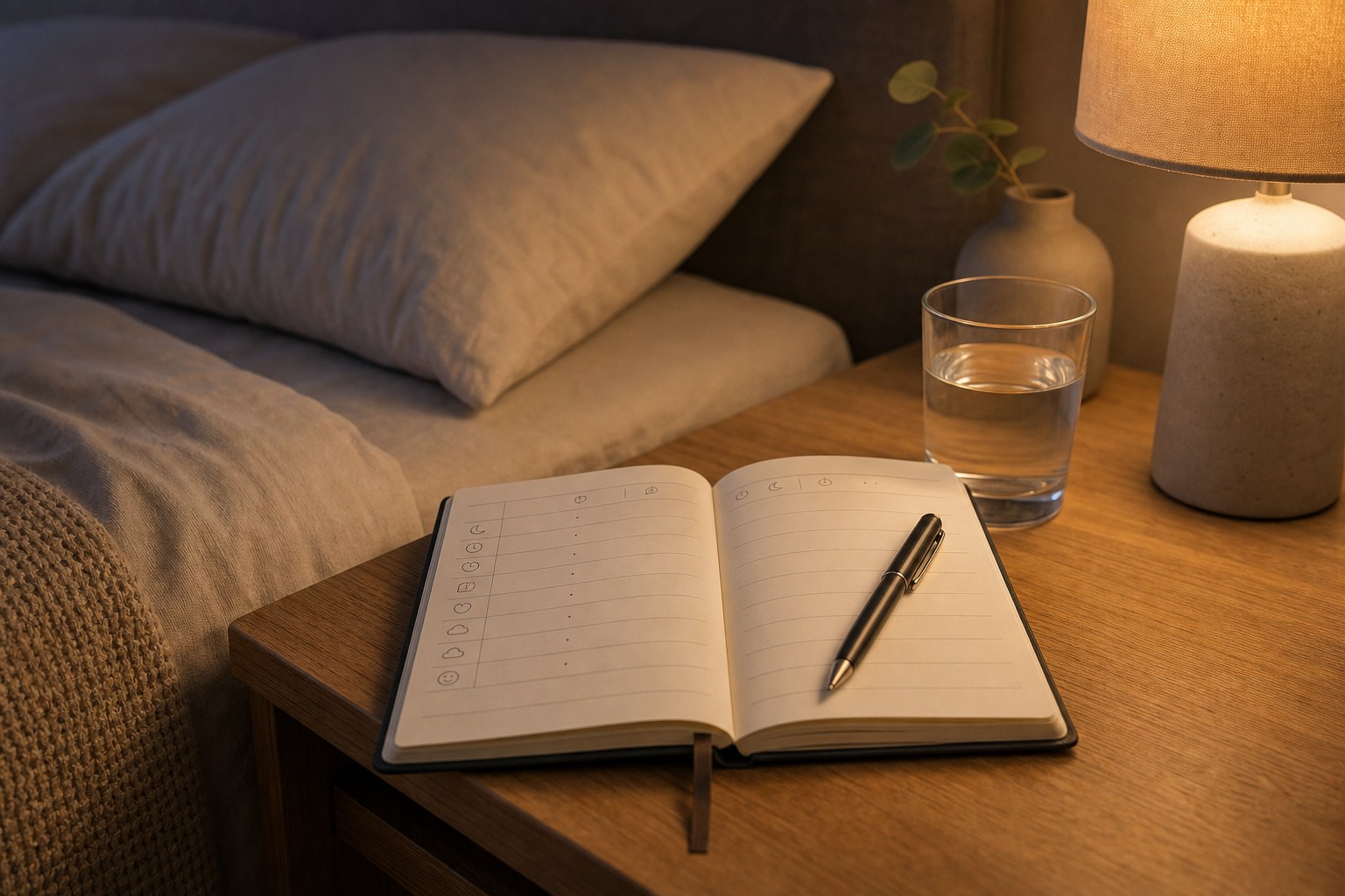 Schlaftagebuch mit Stift auf einem Nachttisch