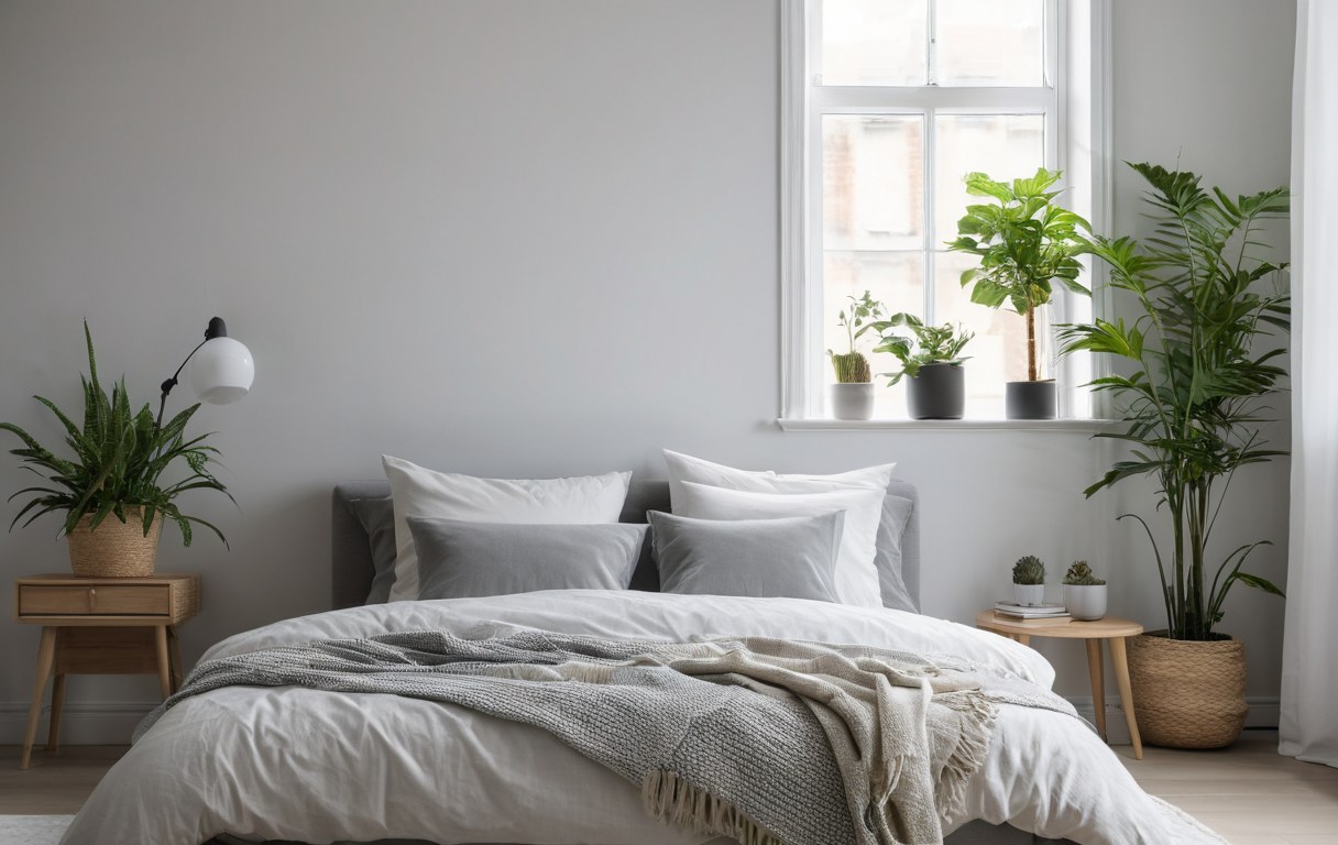 Ruhiges, aufgeräumtes Schlafzimmer in kühlen Tönen