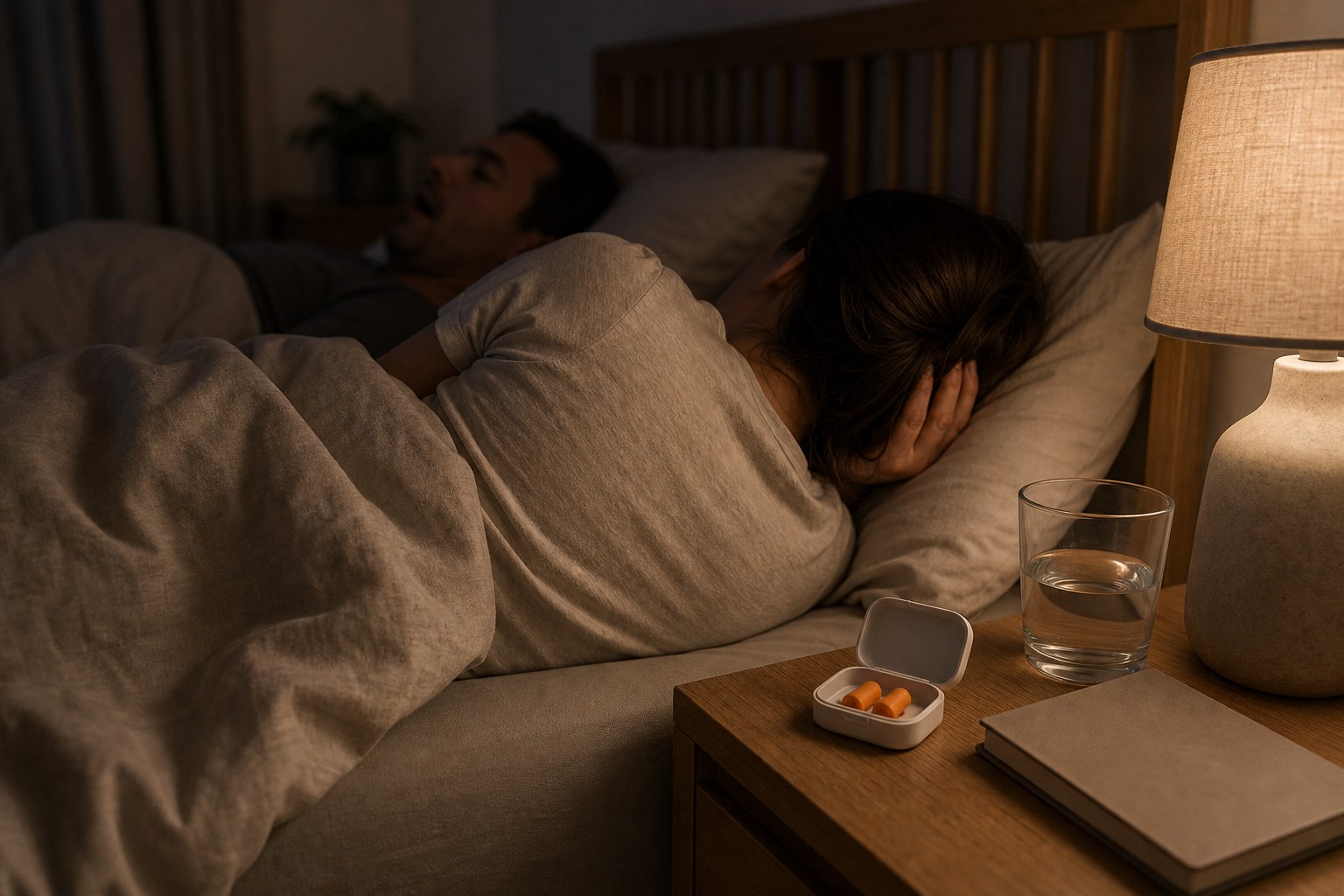 Ohrstöpsel auf einem Nachttisch neben einem Bett mit schnarchendem Partner