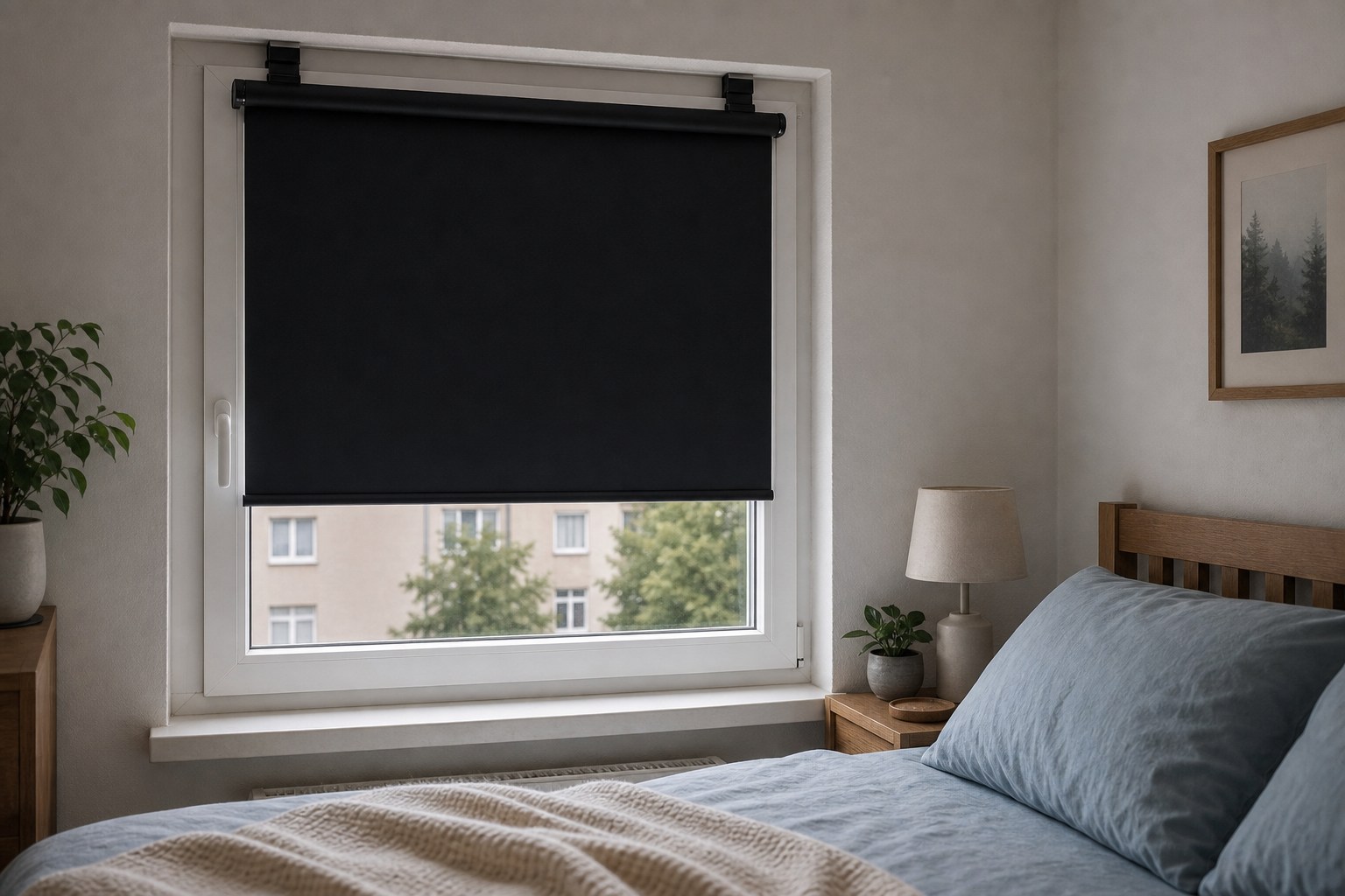 Abgedunkeltes Schlafzimmerfenster mit Verdunklungsrollo ohne Bohren